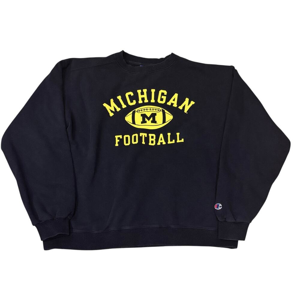 Vintage Champion Blue Michigan Football Crew Neck Sweatshirt Maize Spell Out XL